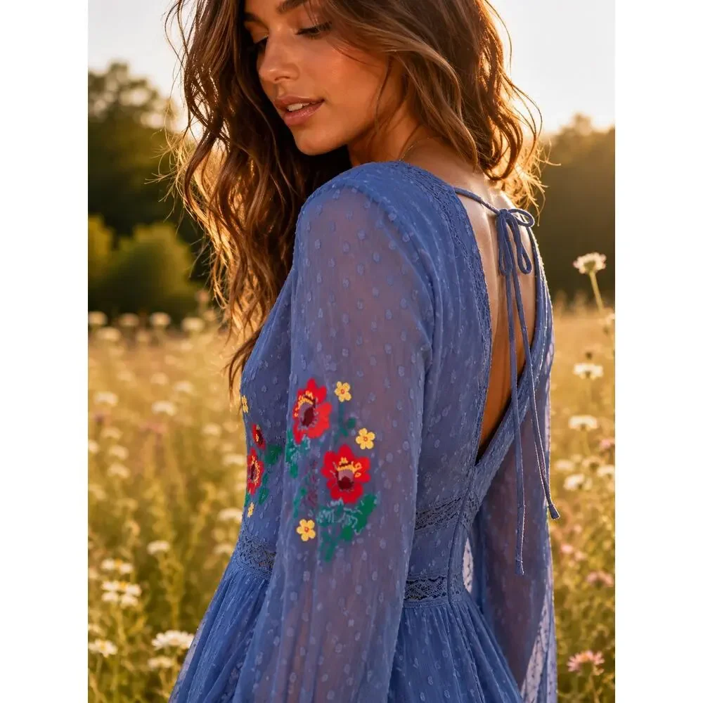 ASOS DESIGN Embroidered Floral Mini Dress 10 Blue Swiss Dot Cottagecore Boho NWT - Picture 2 of 14